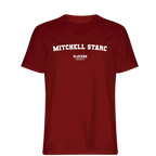 Mitchell Starc t-shirt – red men's t-shirt with white Mitchell Starc letters and Players Couture logo on the chest