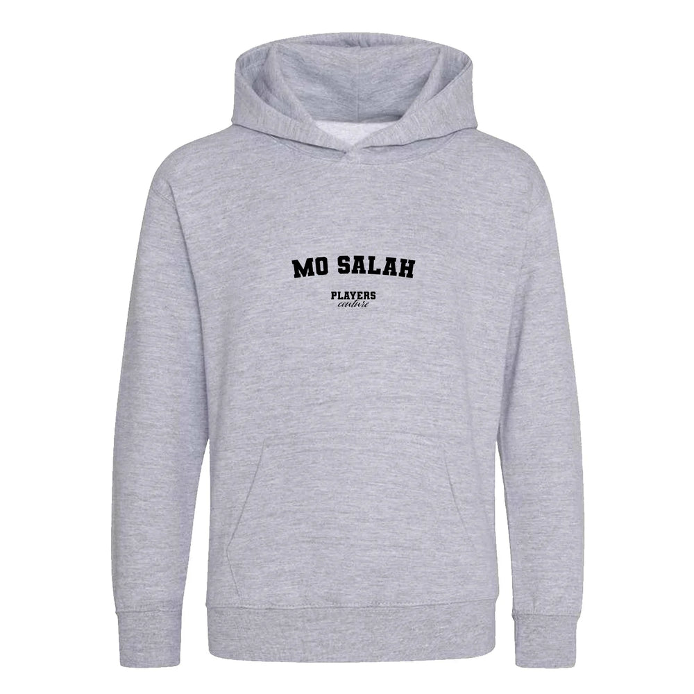 Mo Salah hoodie – grey kids' hoodie with black Mo Salah letters and Players Couture logo on the chest