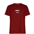 Moby t-shirt – red men's t-shirt with white Moby letters and Players Couture logo on the chest