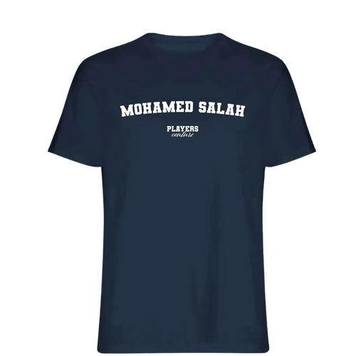 Mohamed Salah t-shirt – navy men's t-shirt with white Mohamed Salah letters and Players Couture logo on the chest