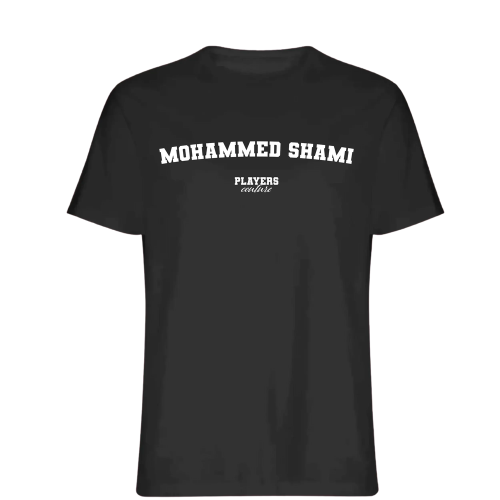 Mohammed Shami t-shirt – black men's t-shirt with white Mohammed Shami letters and Players Couture logo on the chest