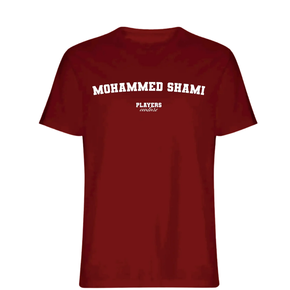 Mohammed Shami t-shirt – red men's t-shirt with white Mohammed Shami letters and Players Couture logo on the chest