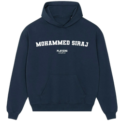 Mohammed Siraj hoodie – navy men's hoodie with white Mohammed Siraj letters and Players Couture logo on the chest