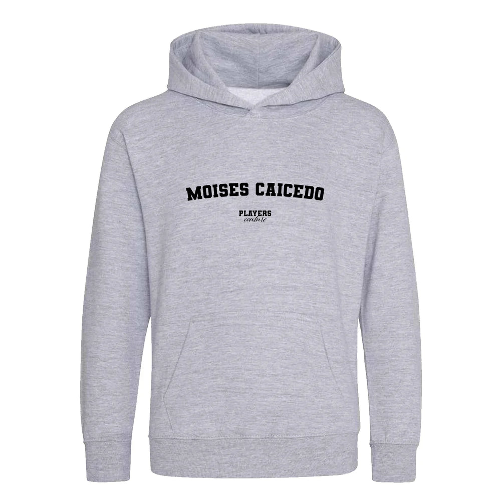 Moises Caicedo hoodie – grey kids' hoodie with black Moises Caicedo letters and Players Couture logo on the chest