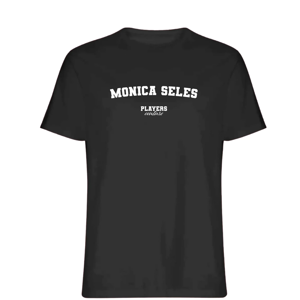 Monica Seles t-shirt – black men's t-shirt with white Monica Seles letters and Players Couture logo on the chest