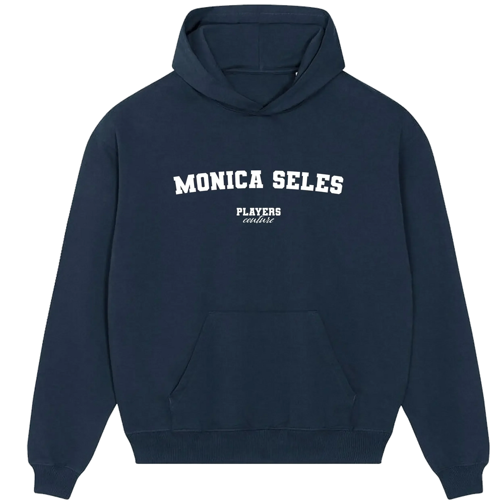 Monica Seles hoodie – navy men's hoodie with white Monica Seles letters and Players Couture logo on the chest