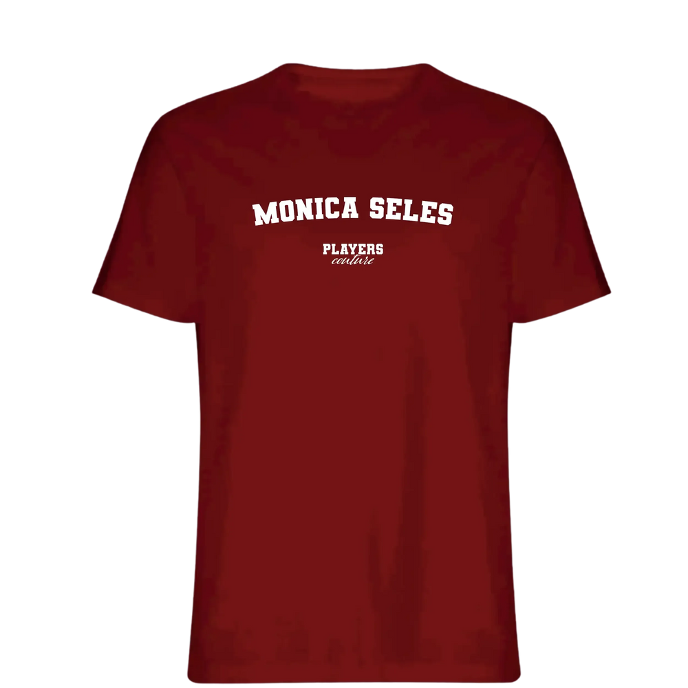 Monica Seles t-shirt – red men's t-shirt with white Monica Seles letters and Players Couture logo on the chest