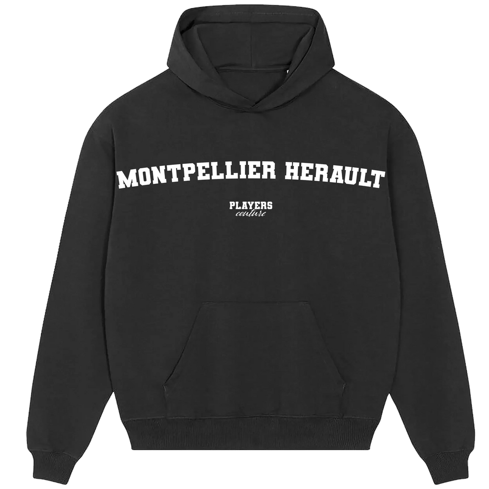 Montpellier Herault hoodie – black men's hoodie with white Montpellier Herault letters and Players Couture logo on the chest