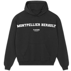 Montpellier Herault hoodie – black men's hoodie with white Montpellier Herault letters and Players Couture logo on the chest