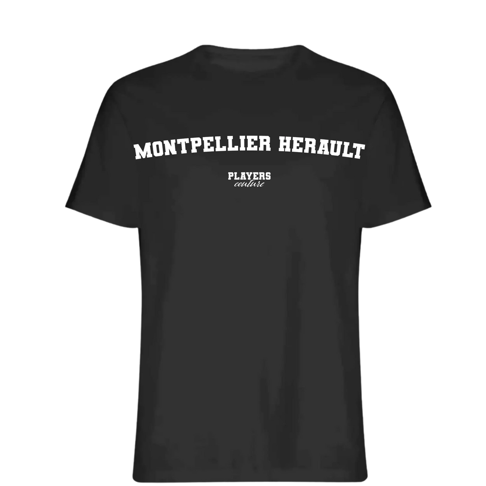 Montpellier Herault t-shirt – black men's t-shirt with white Montpellier Herault letters and Players Couture logo on the