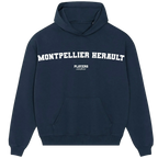 Montpellier Herault hoodie – navy men's hoodie with white Montpellier Herault letters and Players Couture logo on the chest