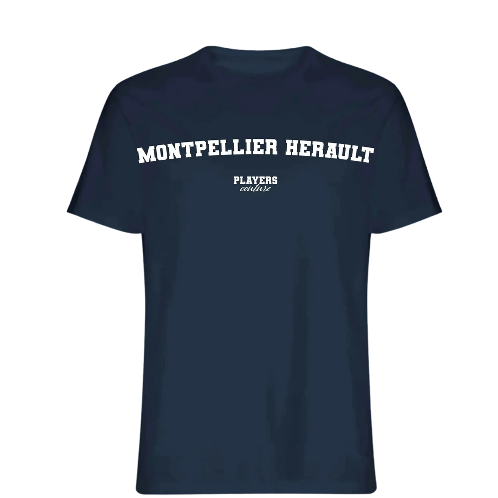 Montpellier Herault t-shirt – navy men's t-shirt with white Montpellier Herault letters and Players Couture logo on the chest