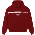 Montpellier Herault hoodie – red men's hoodie with white Montpellier Herault letters and Players Couture logo on the chest