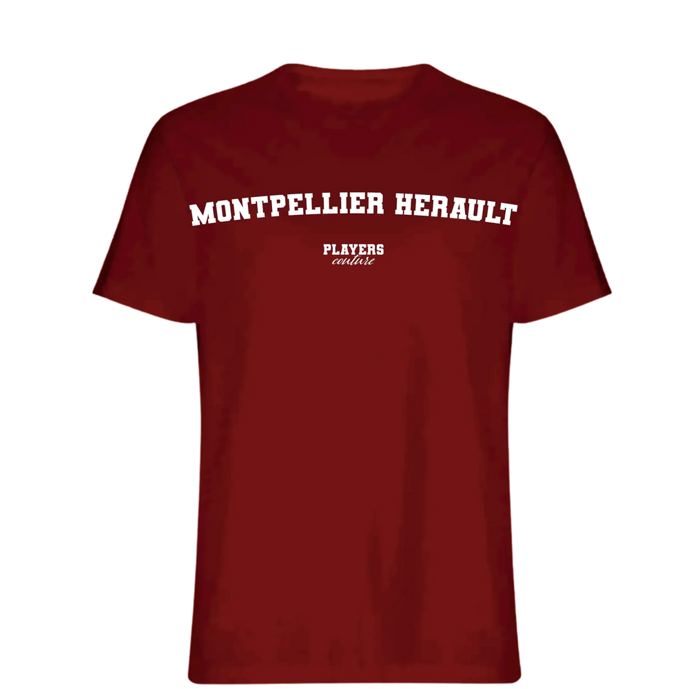 Montpellier Herault t-shirt – red men's t-shirt with white Montpellier Herault letters and Players Couture logo on the chest