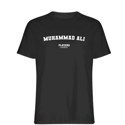 Muhammad Ali t-shirt – black men's t-shirt with white Muhammad Ali letters and Players Couture logo on the chest