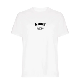 Muniz t-shirt – white men's t-shirt with black Muniz letters and Players Couture logo on the chest