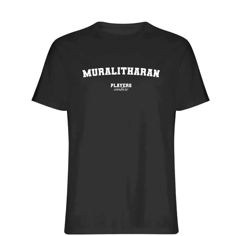 Muralitharan t-shirt – black men's t-shirt with white Muralitharan letters and Players Couture logo on the chest