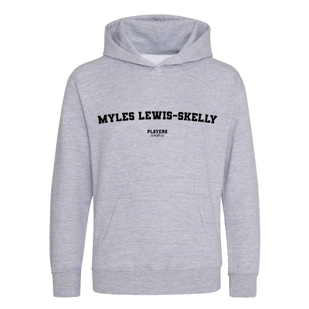 Myles Lewis-Skelly hoodie – grey kids' hoodie with black Myles Lewis-Skelly letters and Players Couture logo on the chest