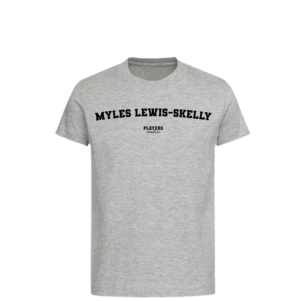 Myles Lewis-Skelly t-shirt – grey kids' t-shirt with black Myles Lewis-Skelly letters and Players Couture logo on the chest