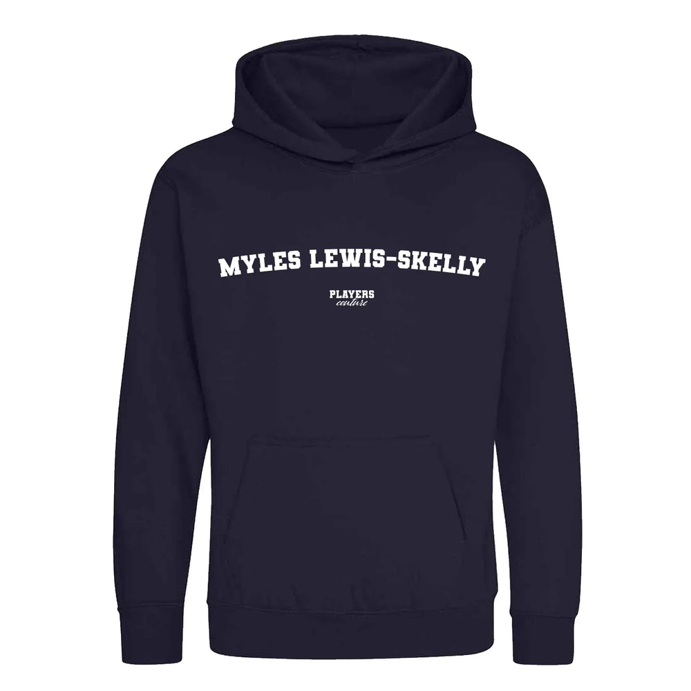 Myles Lewis-Skelly hoodie – navy kids' hoodie with white Myles Lewis-Skelly letters and Players Couture logo on the chest