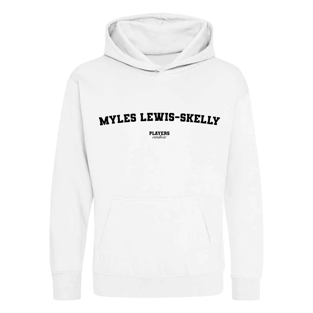 Myles Lewis-Skelly hoodie – white kids' hoodie with black Myles Lewis-Skelly letters and Players Couture logo on the chest