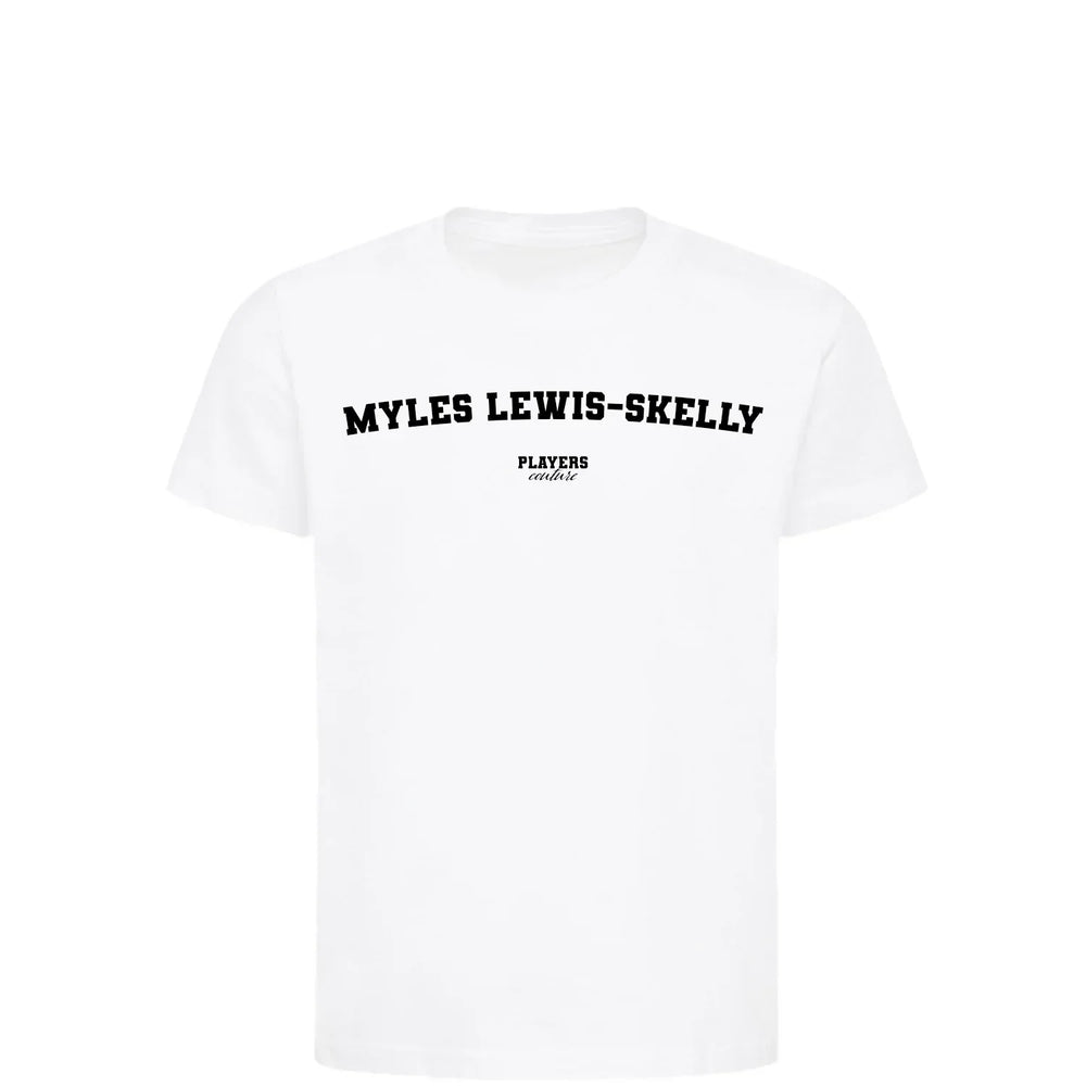 Myles Lewis-Skelly t-shirt – white kids' t-shirt with black Myles Lewis-Skelly letters and Players Couture logo on the chest