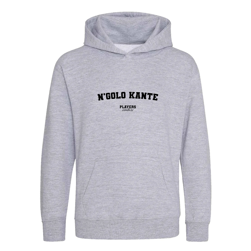 N’Golo Kante hoodie – grey kids' hoodie with black N’Golo Kante letters and Players Couture logo on the chest