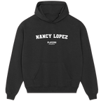 Nancy Lopez hoodie – black men's hoodie with white Nancy Lopez letters and Players Couture logo on the chest