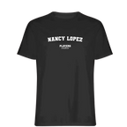 Nancy Lopez t-shirt – black men's t-shirt with white Nancy Lopez letters and Players Couture logo on the chest