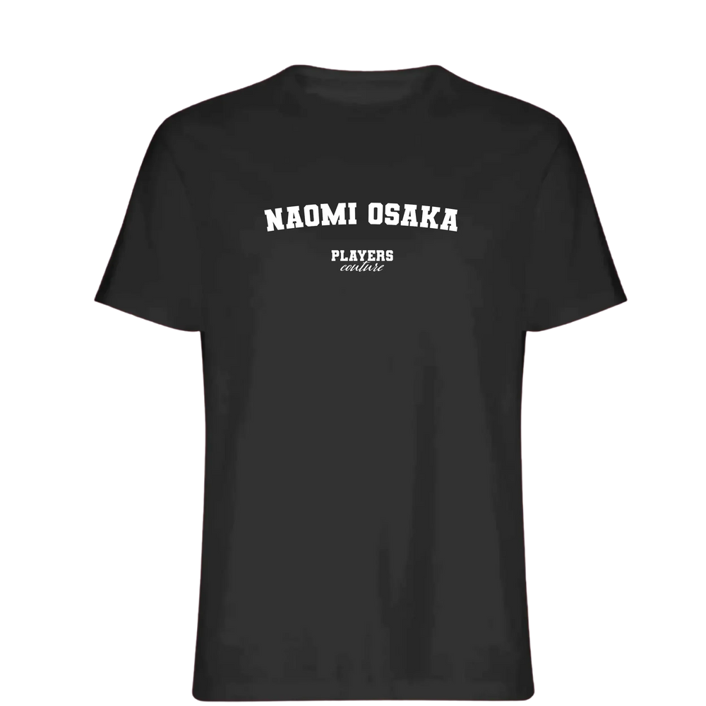 Naomi Osaka t-shirt – black men's t-shirt with white Naomi Osaka letters and Players Couture logo on the chest