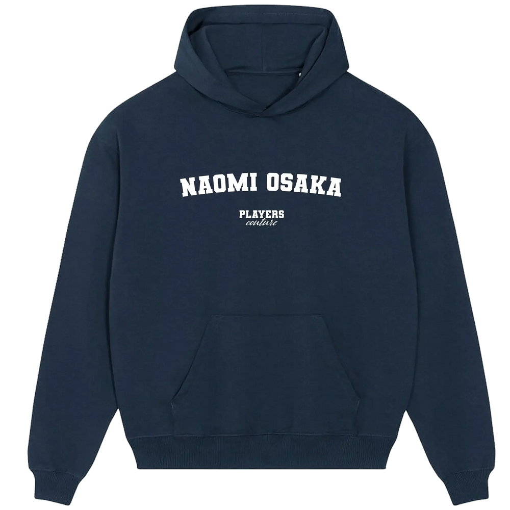 Naomi Osaka hoodie – navy men's hoodie with white Naomi Osaka letters and Players Couture logo on the chest