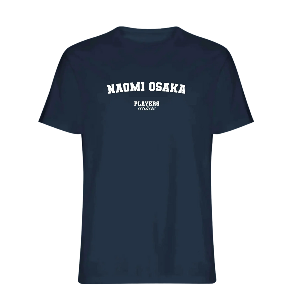 Naomi Osaka t-shirt – navy men's t-shirt with white Naomi Osaka letters and Players Couture logo on the chest