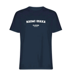 Naomi Osaka t-shirt – navy men's t-shirt with white Naomi Osaka letters and Players Couture logo on the chest
