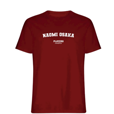 Naomi Osaka t-shirt – red men's t-shirt with white Naomi Osaka letters and Players Couture logo on the chest