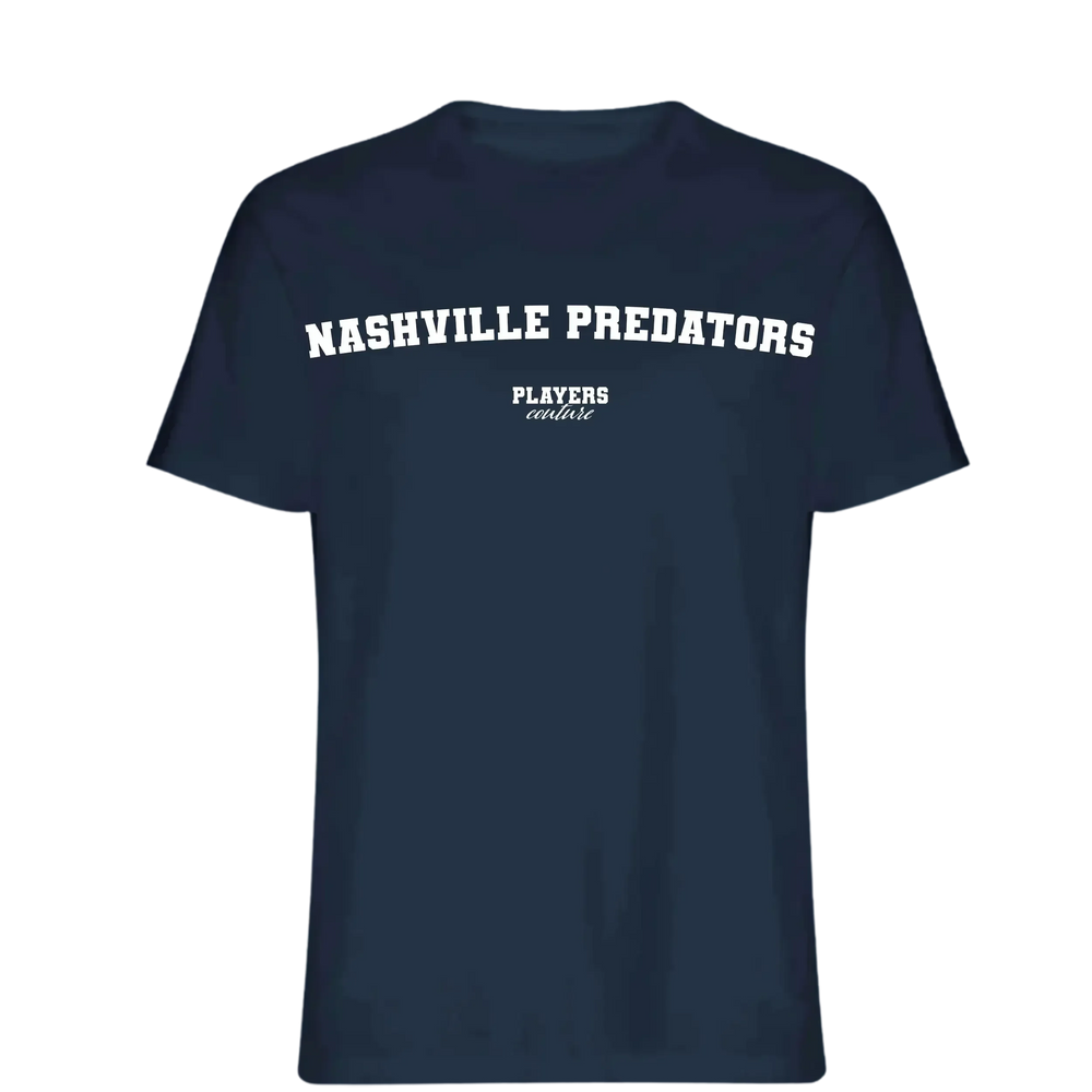 Nashville Predators t-shirt – navy men's t-shirt with white Nashville Predators letters and Players Couture logo on the chest