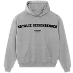 Natalie Geisenberger hoodie – grey men's hoodie with black Natalie Geisenberger letters and Players Couture logo on the chest