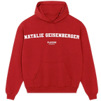 Natalie Geisenberger hoodie – red men's hoodie with white Natalie Geisenberger letters and Players Couture logo on the chest