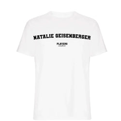 Natalie Geisenberger t-shirt – white men's t-shirt with black Natalie Geisenberger letters and Players Couture logo on the