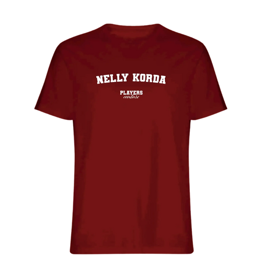 Nelly Korda t-shirt – red men's t-shirt with white Nelly Korda letters and Players Couture logo on the chest