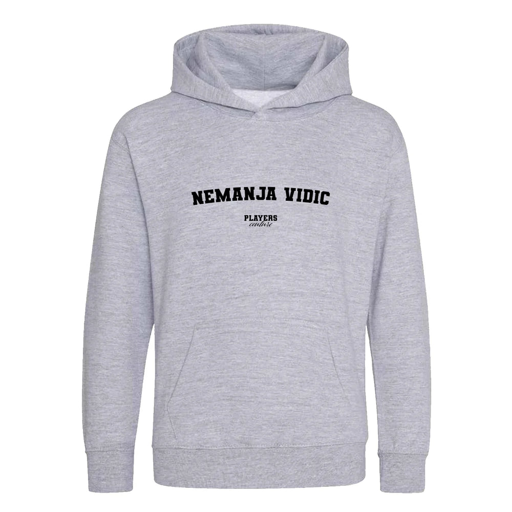Nemanja Vidic hoodie – grey kids' hoodie with black Nemanja Vidic letters and Players Couture logo on the chest