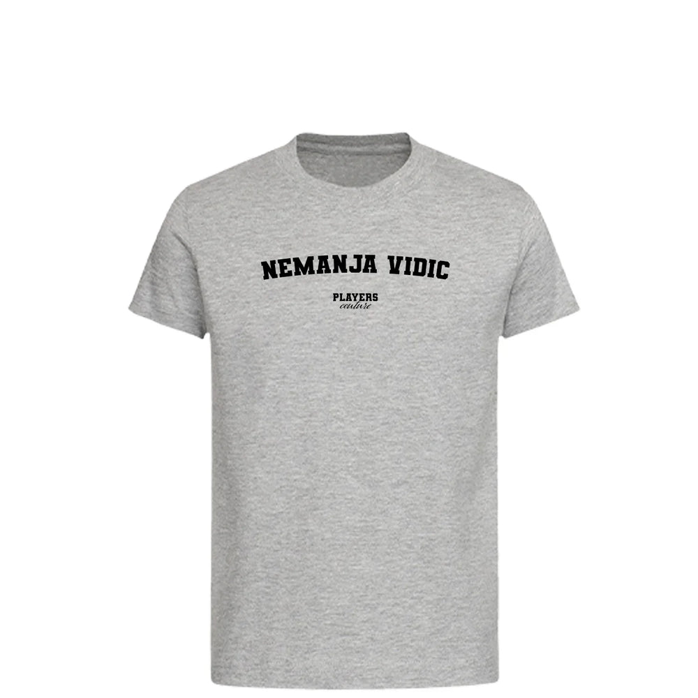 Nemanja Vidic t-shirt – grey kids' t-shirt with black Nemanja Vidic letters and Players Couture logo on the chest