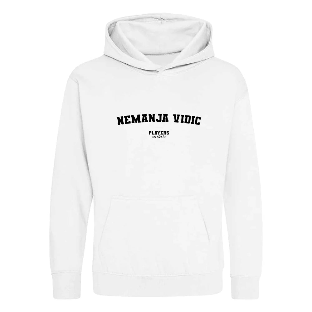 Nemanja Vidic hoodie – white kids' hoodie with black Nemanja Vidic letters and Players Couture logo on the chest