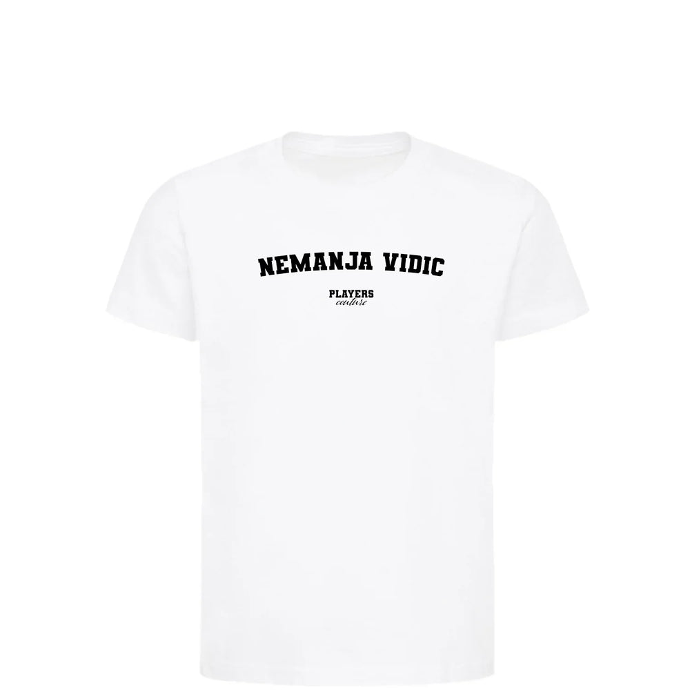 Nemanja Vidic t-shirt – white kids' t-shirt with black Nemanja Vidic letters and Players Couture logo on the chest