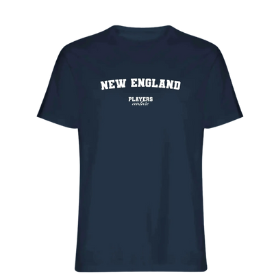 New England t-shirt – navy men's t-shirt with white New England letters and Players Couture logo on the chest