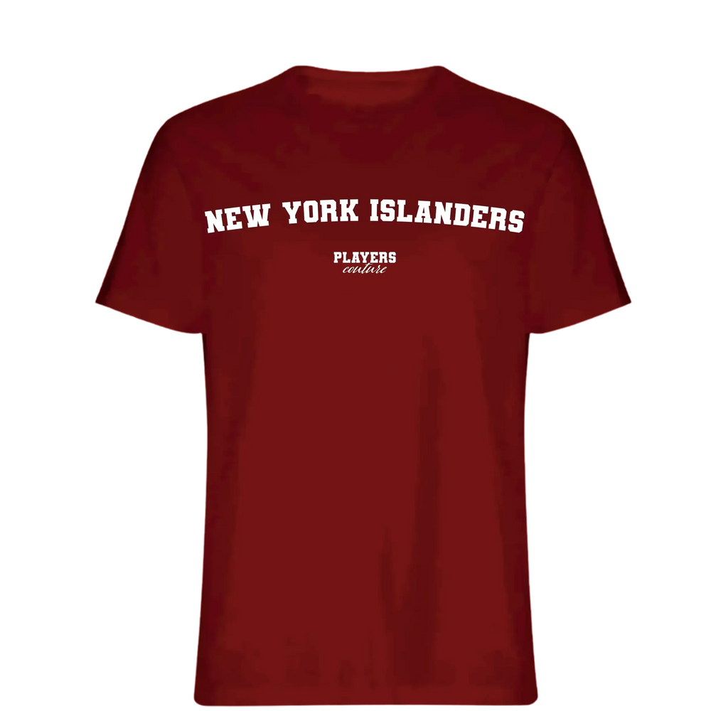 New York Islanders t-shirt – red men's t-shirt with white New York Islanders letters and Players Couture logo on the chest