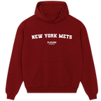 New York Mets hoodie – red men's hoodie with white New York Mets letters and Players Couture logo on the chest