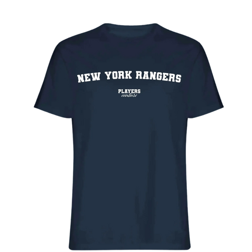 New York Rangers t-shirt – navy men's t-shirt with white New York Rangers letters and Players Couture logo on the chest