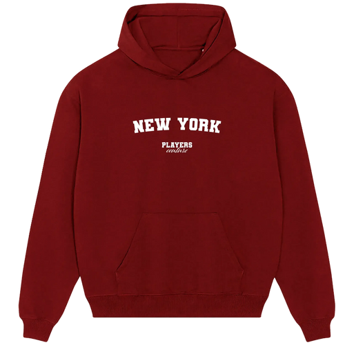 New York hoodie – red men's hoodie with white New York letters and Players Couture logo on the chest