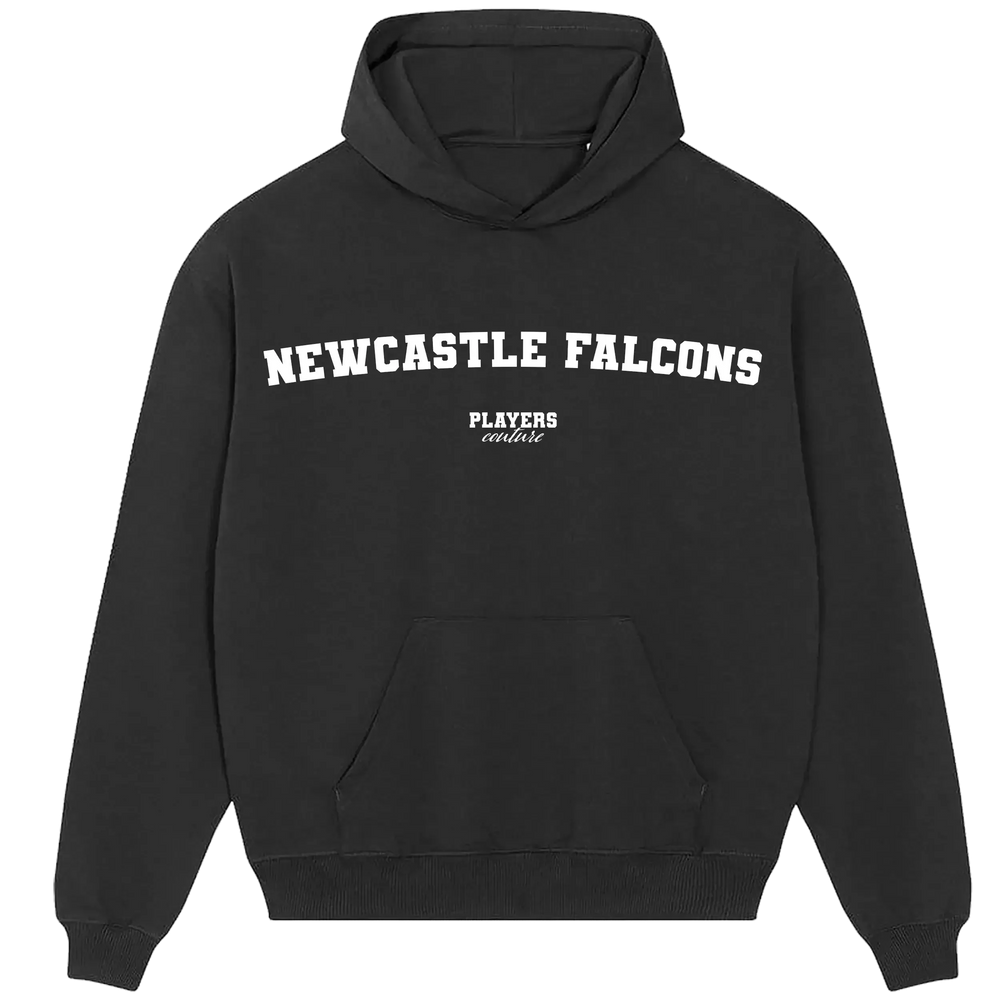 Newcastle Falcons hoodie – black men's hoodie with white Newcastle Falcons letters and Players Couture logo on the chest