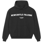 Newcastle Falcons hoodie – black men's hoodie with white Newcastle Falcons letters and Players Couture logo on the chest